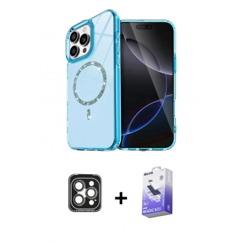 MARSİLYAN™- iPhone 15 Pro Max Kılıf Kıvılcım Form Prime - Siyah Bilvis 5in1 5D Magic Hayalet Cam Ekran Koruyucu + PVD Metal Kamera Lens - GI