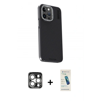 MARSİLYAN™- iPhone 15 Pro Max Kılıf Kıvılcım Modern Özel Seri - Şeffaf Pasifik Cam Ekran Koruyucu + PVD Metal Kamera Lens - GS