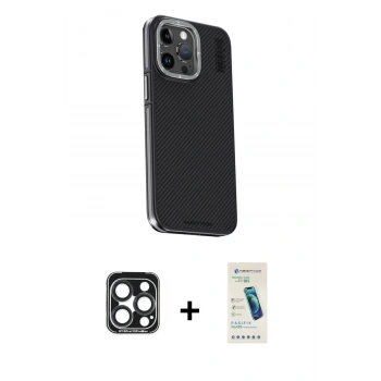 MARSİLYAN™- iPhone 15 Pro Max Kılıf Kıvılcım Modern Özel Seri - Şeffaf Pasifik Cam Ekran Koruyucu + PVD Metal Kamera Lens - LT
