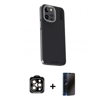 MARSİLYAN™- iPhone 15 Pro Max Kılıf Kıvılcım Modern Özel Seri - Siyah 3D Antistatik Hayalet Cam Ekran Koruyucu + PVD Metal Kamera Lens - TU