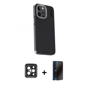 MARSİLYAN™- iPhone 15 Pro Max Kılıf Kıvılcım Modern Özel Seri - Siyah 3D Antistatik Hayalet Cam Ekran Koruyucu + PVD Metal Kamera Lens - SH