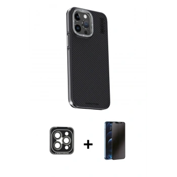 MARSİLYAN™- iPhone 15 Pro Max Kılıf Kıvılcım Modern Özel Seri - Siyah 3D Antistatik Hayalet Cam Ekran Koruyucu + PVD Metal Kamera Lens - GI