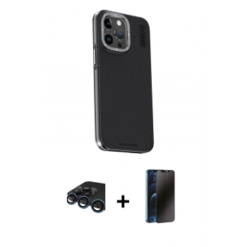 MARSİLYAN™- iPhone 15 Pro Max Kılıf Kıvılcım Modern Özel Seri - Siyah 3D Antistatik Hayalet Cam Ekran Koruyucu + Raze Metal Kamera Lens - LT