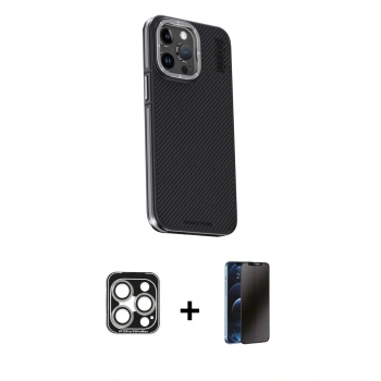 MARSİLYAN™- iPhone 15 Pro Max Kılıf Kıvılcım Modern Özel Seri - Siyah 3D Antistatik Hayalet Cam Ekran Koruyucu + PVD Metal Kamera Lens - GS