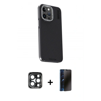 MARSİLYAN™- iPhone 15 Pro Max Kılıf Kıvılcım Modern Özel Seri - Siyah 3D Antistatik Hayalet Cam Ekran Koruyucu + PVD Metal Kamera Lens - LT