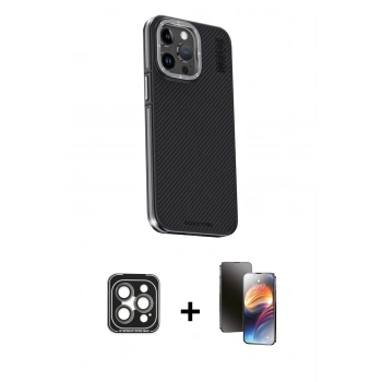 MARSİLYAN™- iPhone 15 Pro Max Kılıf Kıvılcım Modern Özel Seri - Siyah 3D Antistatik Mat Seramik Nano Ekran Koruyucu + PVD Metal Kamera Lens - GI