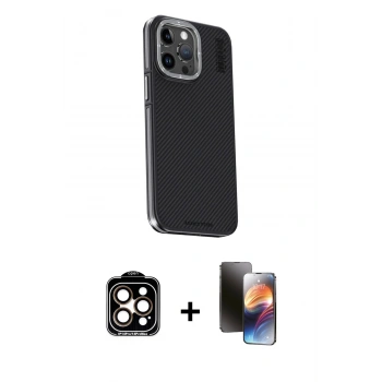 MARSİLYAN™- iPhone 15 Pro Max Kılıf Kıvılcım Modern Özel Seri - Siyah 3D Antistatik Mat Seramik Nano Ekran Koruyucu + PVD Metal Kamera Lens - TU