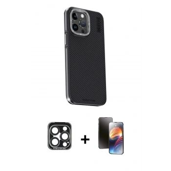 MARSİLYAN™- iPhone 15 Pro Max Kılıf Kıvılcım Modern Özel Seri - Siyah 3D Antistatik Mat Seramik Nano Ekran Koruyucu + PVD Metal Kamera Lens - LT