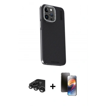 MARSİLYAN™- iPhone 15 Pro Max Kılıf Kıvılcım Modern Özel Seri - Siyah 3D Antistatik Mat Seramik Nano Ekran Koruyucu + Raze Metal Kamera Lens - TMGI