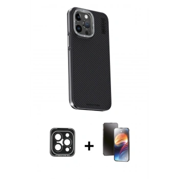 MARSİLYAN™- iPhone 15 Pro Max Kılıf Kıvılcım Modern Özel Seri - Siyah 3D Antistatik Mat Seramik Nano Ekran Koruyucu + PVD Metal Kamera Lens - SH