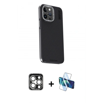 MARSİLYAN™- iPhone 15 Pro Max Kılıf Kıvılcım Modern Özel Seri - Siyah 3D Antistatik Seramik Nano Ekran Koruyucu + PVD Metal Kamera Lens - GS