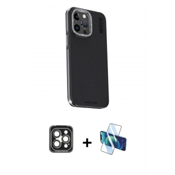 MARSİLYAN™- iPhone 15 Pro Max Kılıf Kıvılcım Modern Özel Seri - Siyah 3D Antistatik Seramik Nano Ekran Koruyucu + PVD Metal Kamera Lens - GI