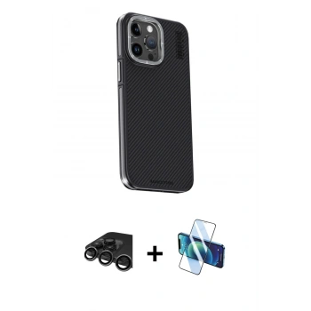 MARSİLYAN™- iPhone 15 Pro Max Kılıf Kıvılcım Modern Özel Seri - Siyah 3D Antistatik Seramik Nano Ekran Koruyucu + Raze Metal Kamera Lens - TMGI