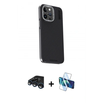MARSİLYAN™- iPhone 15 Pro Max Kılıf Kıvılcım Modern Özel Seri - Siyah 3D Antistatik Seramik Nano Ekran Koruyucu + Raze Metal Kamera Lens - LT