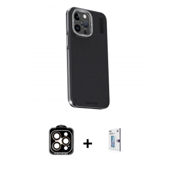 MARSİLYAN™- iPhone 15 Pro Max Kılıf Kıvılcım Modern Özel Seri - Siyah Bilvis 0.18mm Plus Cam Ekran Koruyucu + PVD Metal Kamera Lens - TU