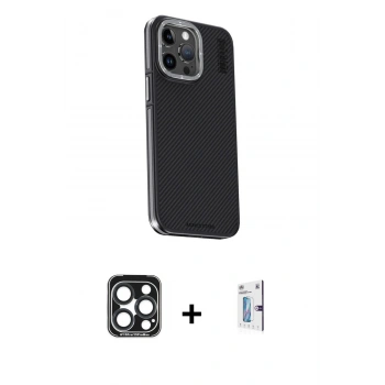 MARSİLYAN™- iPhone 15 Pro Max Kılıf Kıvılcım Modern Özel Seri - Siyah Bilvis 0.18mm Plus Cam Ekran Koruyucu + PVD Metal Kamera Lens - LT