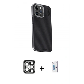 MARSİLYAN™- iPhone 15 Pro Max Kılıf Kıvılcım Modern Özel Seri - Siyah Bilvis 0.18mm Plus Cam Ekran Koruyucu + PVD Metal Kamera Lens - GS
