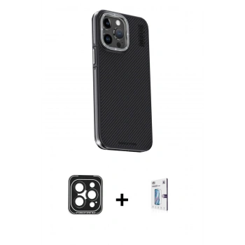 MARSİLYAN™- iPhone 15 Pro Max Kılıf Kıvılcım Modern Özel Seri - Siyah Bilvis 0.18mm Plus Cam Ekran Koruyucu + PVD Metal Kamera Lens - SH