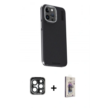 MARSİLYAN™- iPhone 15 Pro Max Kılıf Kıvılcım Modern Özel Seri - Siyah Bilvis 3D Cam Ekran Koruyucu + PVD Metal Kamera Lens - LT