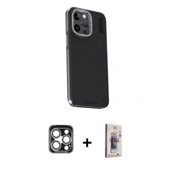 MARSİLYAN™- iPhone 15 Pro Max Kılıf Kıvılcım Modern Özel Seri - Siyah Bilvis 3D Cam Ekran Koruyucu + PVD Metal Kamera Lens - GS