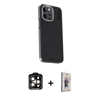 MARSİLYAN™- iPhone 15 Pro Max Kılıf Kıvılcım Modern Özel Seri - Siyah Bilvis 3D Cam Ekran Koruyucu + PVD Metal Kamera Lens - TU