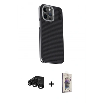 MARSİLYAN™- iPhone 15 Pro Max Kılıf Kıvılcım Modern Özel Seri - Siyah Bilvis 3D Cam Ekran Koruyucu + Raze Metal Kamera Lens - SH