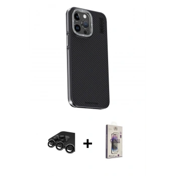 MARSİLYAN™- iPhone 15 Pro Max Kılıf Kıvılcım Modern Özel Seri - Siyah Bilvis 3D Cam Ekran Koruyucu + Raze Metal Kamera Lens - TMGI