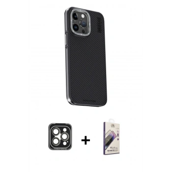 MARSİLYAN™- iPhone 15 Pro Max Kılıf Kıvılcım Modern Özel Seri - Siyah Bilvis 3D Mat Cam Ekran Koruyucu + PVD Metal Kamera Lens - GI