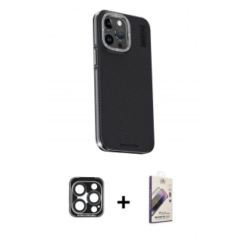 MARSİLYAN™- iPhone 15 Pro Max Kılıf Kıvılcım Modern Özel Seri - Siyah Bilvis 3D Mat Cam Ekran Koruyucu + PVD Metal Kamera Lens - LT