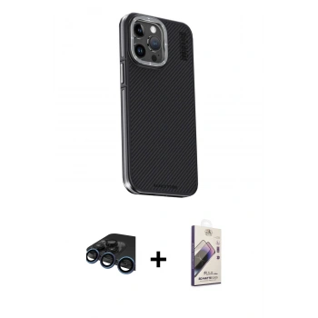 MARSİLYAN™- iPhone 15 Pro Max Kılıf Kıvılcım Modern Özel Seri - Siyah Bilvis 3D Mat Cam Ekran Koruyucu + Raze Metal Kamera Lens - LT