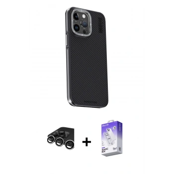 MARSİLYAN™- iPhone 15 Pro Max Kılıf Kıvılcım Modern Özel Seri - Siyah Bilvis 5in1 3D Magic Cam Ekran Koruyucu + Raze Metal Kamera Lens - GS