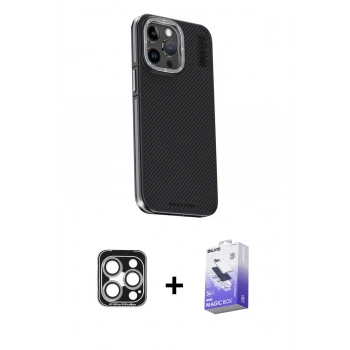 MARSİLYAN™- iPhone 15 Pro Max Kılıf Kıvılcım Modern Özel Seri - Siyah Bilvis 5in1 5D Magic Hayalet Cam Ekran Koruyucu + PVD Metal Kamera Lens - GS