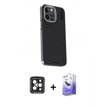 MARSİLYAN™- iPhone 15 Pro Max Kılıf Kıvılcım Modern Özel Seri - Siyah Bilvis 5in1 5D Magic Hayalet Cam Ekran Koruyucu + PVD Metal Kamera Lens - SH