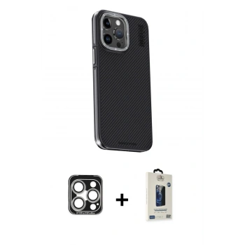 MARSİLYAN™- iPhone 15 Pro Max Kılıf Kıvılcım Modern Özel Seri - Siyah Bilvis Hayalet Cam Ekran Koruyucu + PVD Metal Kamera Lens - GS