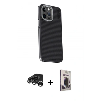 MARSİLYAN™- iPhone 15 Pro Max Kılıf Kıvılcım Modern Özel Seri - Siyah Bilvis Hayalet Cam Ekran Koruyucu + Raze Metal Kamera Lens - GS