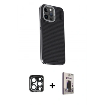 MARSİLYAN™- iPhone 15 Pro Max Kılıf Kıvılcım Modern Özel Seri - Siyah Bilvis Hayalet Cam Ekran Koruyucu + PVD Metal Kamera Lens - LT