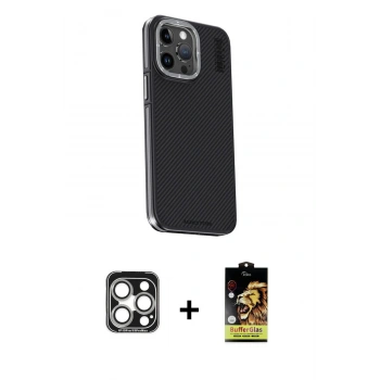MARSİLYAN™- iPhone 15 Pro Max Kılıf Kıvılcım Modern Özel Seri - Siyah Buffer Cam Ekran Koruyucu + PVD Metal Kamera Lens - GS