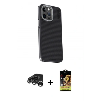 MARSİLYAN™- iPhone 15 Pro Max Kılıf Kıvılcım Modern Özel Seri - Siyah Buffer Cam Ekran Koruyucu + Raze Metal Kamera Lens - GS