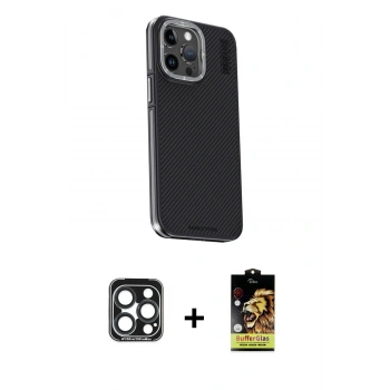 MARSİLYAN™- iPhone 15 Pro Max Kılıf Kıvılcım Modern Özel Seri - Siyah Buffer Cam Ekran Koruyucu + PVD Metal Kamera Lens - LT