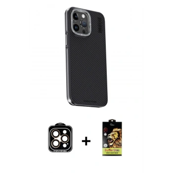 MARSİLYAN™- iPhone 15 Pro Max Kılıf Kıvılcım Modern Özel Seri - Siyah Buffer Cam Ekran Koruyucu + PVD Metal Kamera Lens - TU