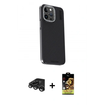 MARSİLYAN™- iPhone 15 Pro Max Kılıf Kıvılcım Modern Özel Seri - Siyah Buffer Cam Ekran Koruyucu + Raze Metal Kamera Lens - TMGI