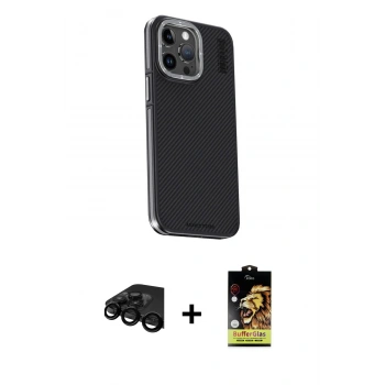 MARSİLYAN™- iPhone 15 Pro Max Kılıf Kıvılcım Modern Özel Seri - Siyah Buffer Cam Ekran Koruyucu + Raze Metal Kamera Lens - SH