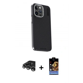 MARSİLYAN™- iPhone 15 Pro Max Kılıf Kıvılcım Modern Özel Seri - Siyah Buffer Hayalet Cam Ekran Koruyucu + Raze Metal Kamera Lens - GS