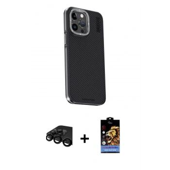 MARSİLYAN™- iPhone 15 Pro Max Kılıf Kıvılcım Modern Özel Seri - Siyah Buffer Hayalet Cam Ekran Koruyucu + Raze Metal Kamera Lens - SH