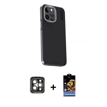 MARSİLYAN™- iPhone 15 Pro Max Kılıf Kıvılcım Modern Özel Seri - Siyah Buffer Hayalet Cam Ekran Koruyucu + PVD Metal Kamera Lens - GI