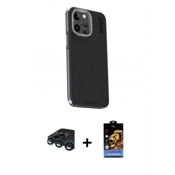 MARSİLYAN™- iPhone 15 Pro Max Kılıf Kıvılcım Modern Özel Seri - Siyah Buffer Hayalet Cam Ekran Koruyucu + Raze Metal Kamera Lens - LT
