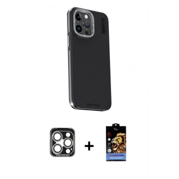 MARSİLYAN™- iPhone 15 Pro Max Kılıf Kıvılcım Modern Özel Seri - Siyah Buffer Hayalet Cam Ekran Koruyucu + PVD Metal Kamera Lens - GS