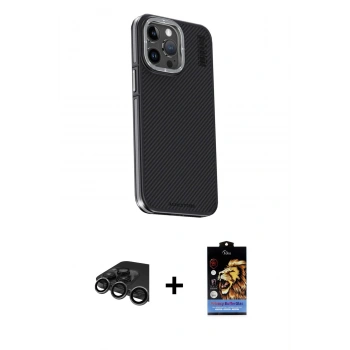 MARSİLYAN™- iPhone 15 Pro Max Kılıf Kıvılcım Modern Özel Seri - Siyah Buffer Hayalet Cam Ekran Koruyucu + Raze Metal Kamera Lens - TMGI