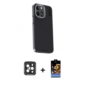 MARSİLYAN™- iPhone 15 Pro Max Kılıf Kıvılcım Modern Özel Seri - Siyah Buffer Hayalet Cam Ekran Koruyucu + PVD Metal Kamera Lens - SH
