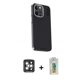 MARSİLYAN™- iPhone 15 Pro Max Kılıf Kıvılcım Modern Özel Seri - Siyah Polymer Nano Ekran Koruyucu + PVD Metal Kamera Lens - GI